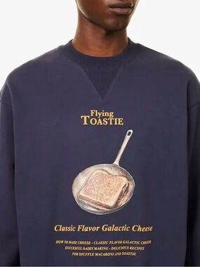 Flan Labs Flying Toastie Navy Graphic Sweatshirt. Sz XS oversized
